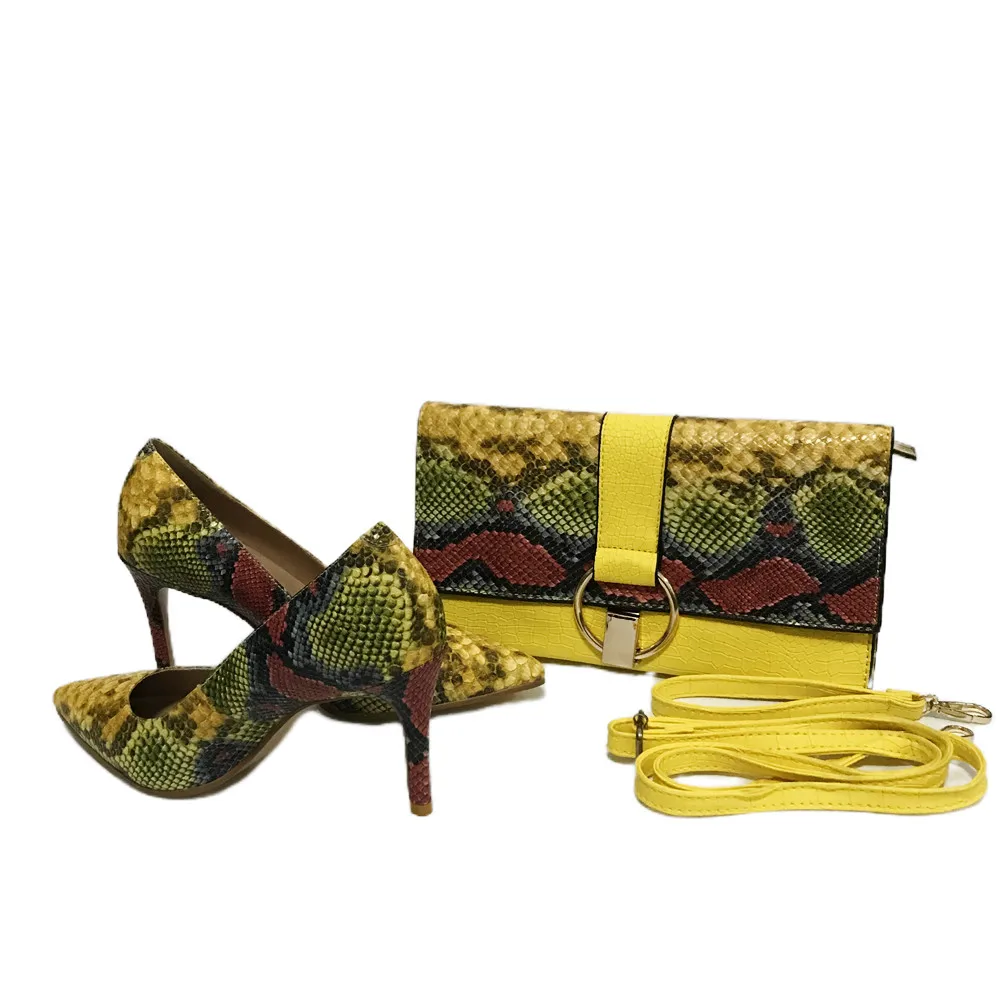 Yellow Shoes Snake Printed Leather with Women Bag set ,women shoes pumps With Matching Clutch Bags Sets 36-43 hot selling A93-1