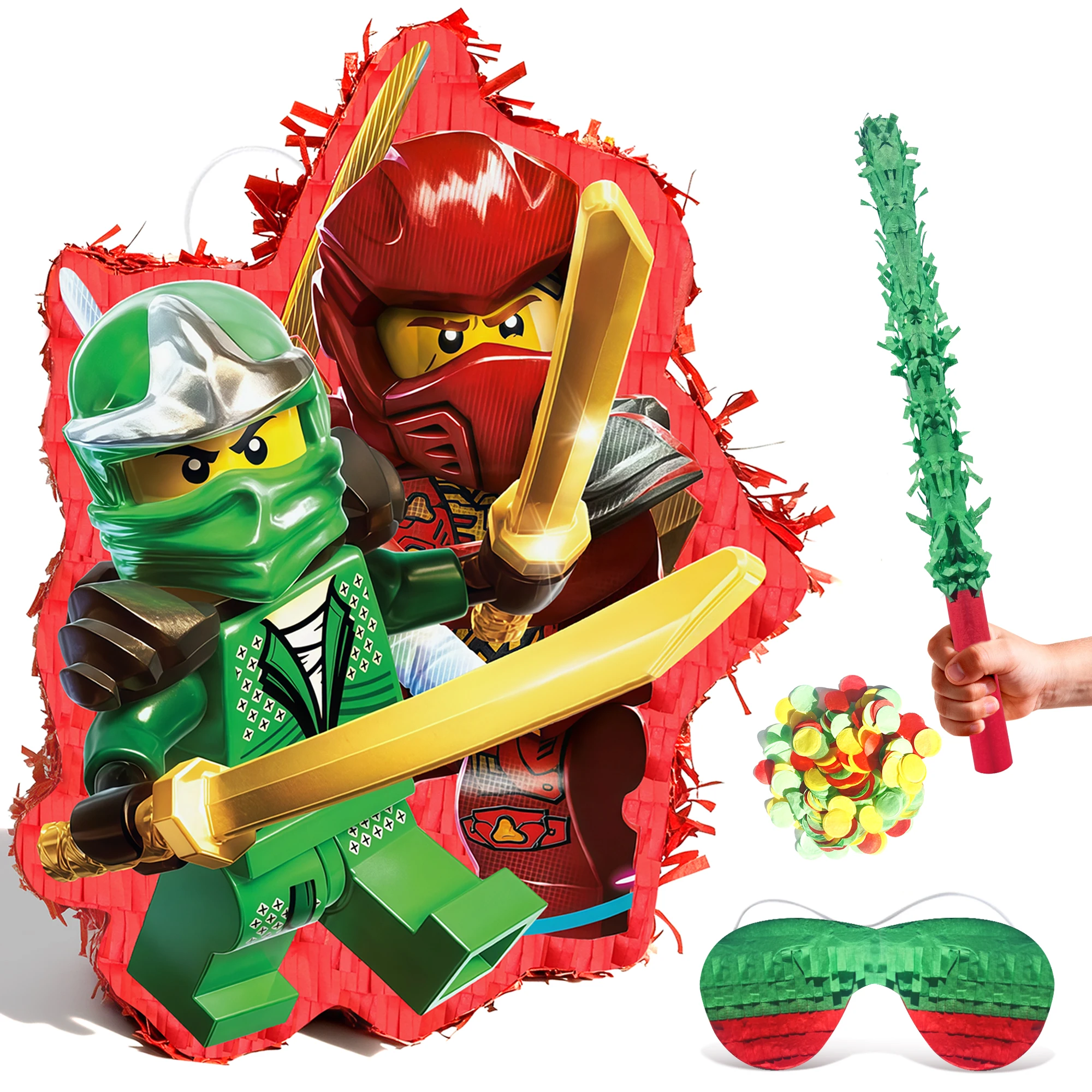 Lot de 4 Piñatas Thème Ninja - Piñata Ninja Grande, Bandeau pour les yeux et Bâton de piñata, etc. - Fournitures de fête d'anniversaire Ninja pour garçons/filles