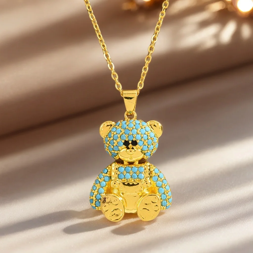 Blue Overalls Cartoon Bear Pendant Necklace, Fairy Tale Animal Jewelry Accessories, Suitable for Various Occasions and Gifts
