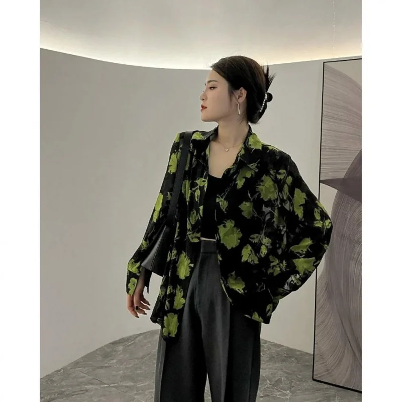 Casual Shirts Woman Trend Black Green Floral Loose Blouses For Female Fashion 2023 Luxury Women Social Blouse