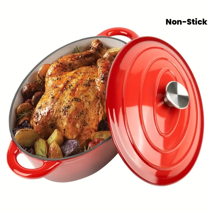 

Овальная голландская сковорода с красной эмалью и крышкой, чугунная посуда с антипригарным покрытием, подходит для выпечки, приготовления пищи, жарки и тушения,
