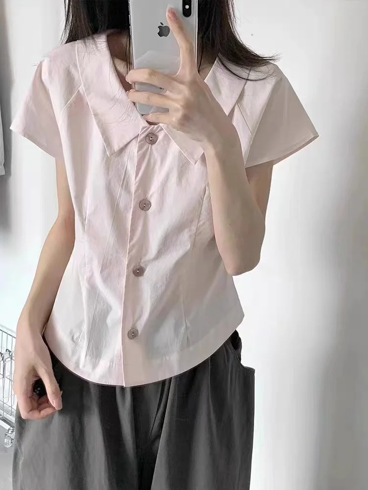 

Ele Pink ort Sve irt Women's Summer 2024 Slim Fit ort Sle Top Korean Version Button Detail Pure Color Collar