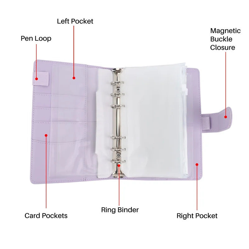 Tas Binder ABDE-14 A6 dengan Penutup Binder Kulit, Binder Anggaran 6 Cincin dengan Amplop Uang Tunai, Binder Hemat Uang