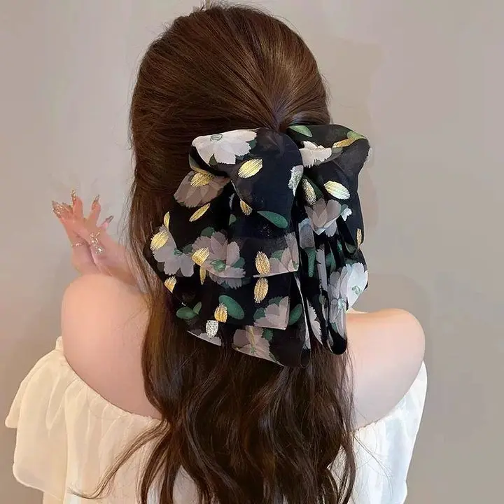 New Elegant Women Large Bow Hair Claw Chiffon Big Bowknot Stain Bow Barrettes Hairpin Women Color Ponytail Clip Hair Accessories