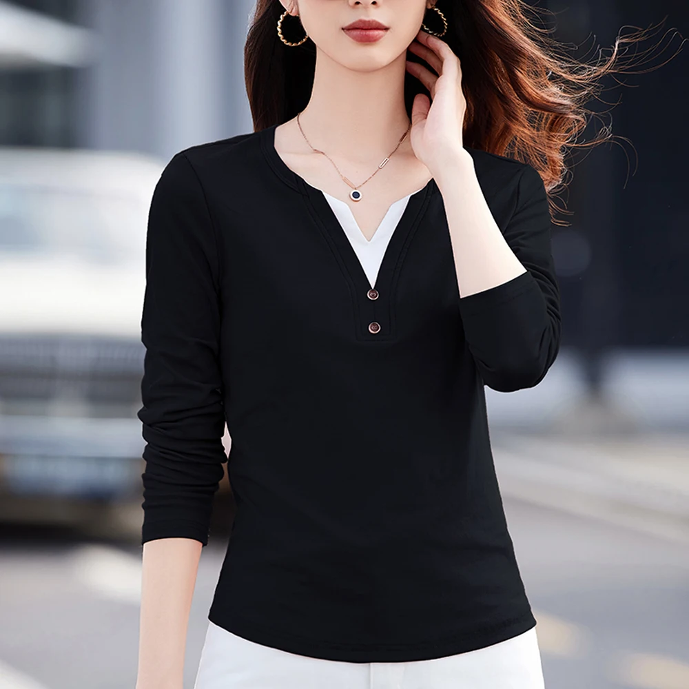Korean style pink long sleeved t-shirt for women's autumn new cotton fashion plus size button slim fit fake two-piece V-neck top - view 3