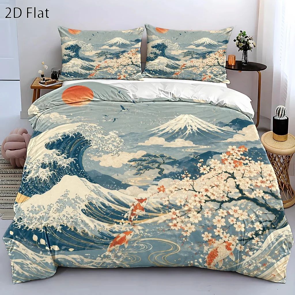 2D Japanese Ukiyo-E Wave Cherry Blossom Koi Duvet Cover Set 3-Piece Art Bedding Set Skin-Friendly Breathable All Season Machine