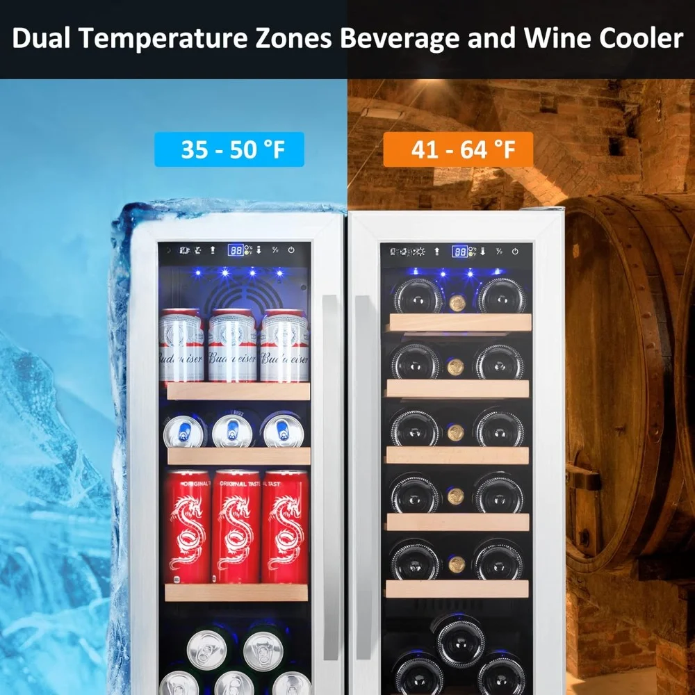 Wine Refrigerator, 24 Inch Dual Zone Fridge with Glass Door, Built-In Cooler with Powerful and Quite Cool System