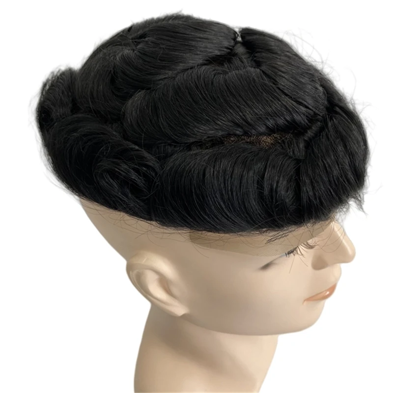6 pouces postiches de cheveux humains vierges malaisiens 8x10 # 1 unité de dentelle avant de toupet mono Hollywood ondulé de couleur noir de jais 32 mm pour hommes
