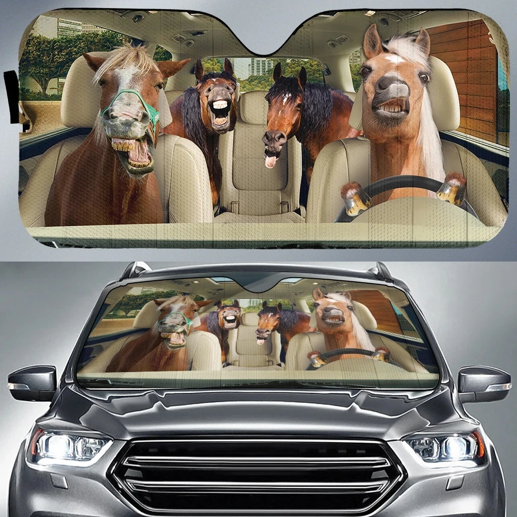 

Funny Horse Driving 3D Printing Car Sun Visor Auto Decoration Foldable Car Windshield Sunshade for Women Men Car SUV Accessories