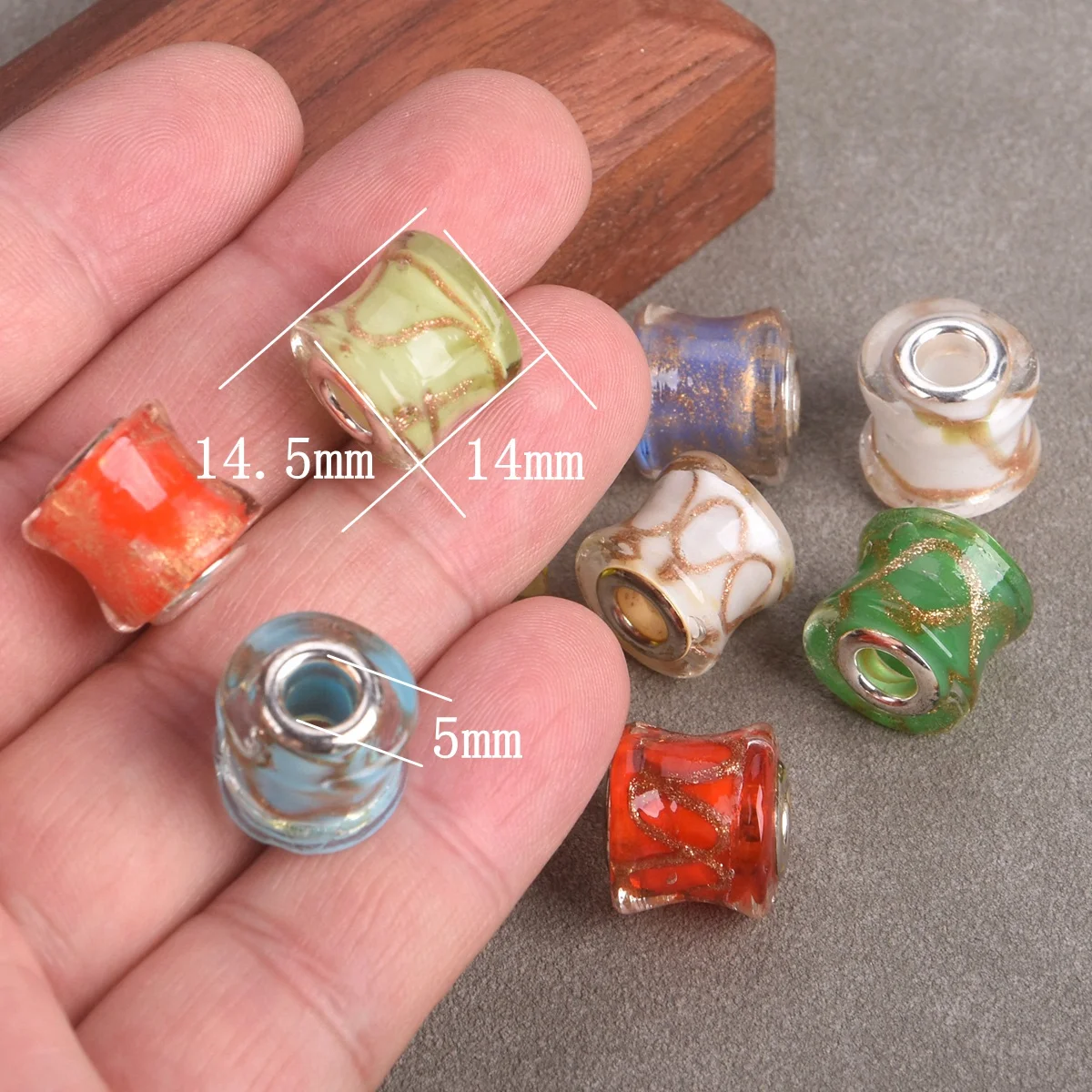 5pcs 14mm Cylinder Shape Handmade Foil Lampwork Glass European Charms Big Hole Loose Beads For Jewelry Bracelet Making DIY