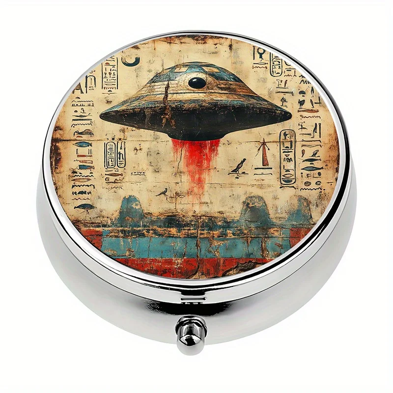 1 pill box, 3-compartment ancient Egyptian UFO-themed mini pill box, medication storage box, unique travel gift
