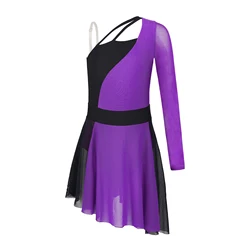 Women Single Long Sleeve Asymmetrical Figure Skating Dress Hollow Irregular Gymnastics Ballet Leotard Lyrical Dance Costumes