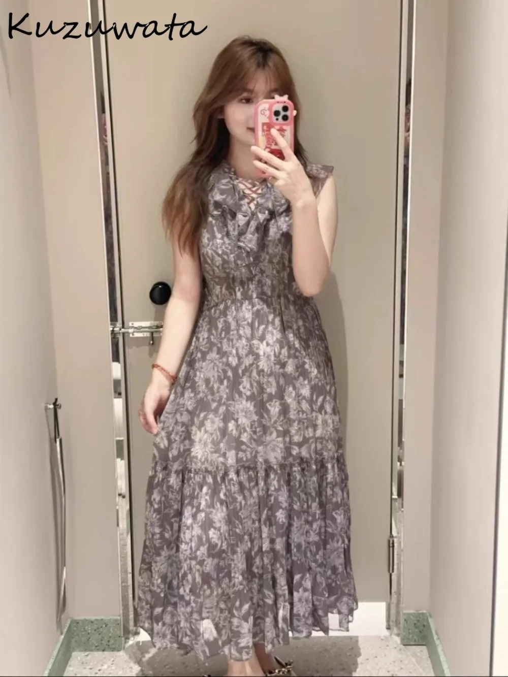 

Kuzuwata Elegant French Casual Print Mujer Mid-length Temperament Ruffles Flying Sleeve Robe Japan Pleated Lace Up Fresh Dresses