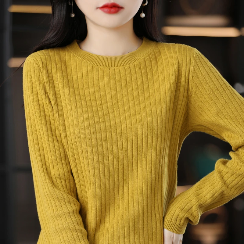 Autumn Winter Women 100% Cotton Sweater O-Neck Pullover Vertical Pit Strip Long Sleeve Knitwear Slim Warm Bottoming Tops