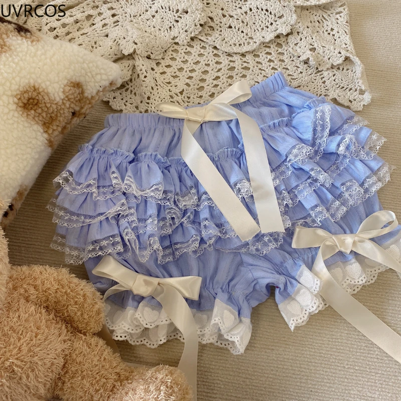 Sweet Lolita Shorts Women Kawaii Ruffles Lace Cotton Bottoming Jk Bloomers Elastic Waist Chic Underpants Maid Safety Short Pants