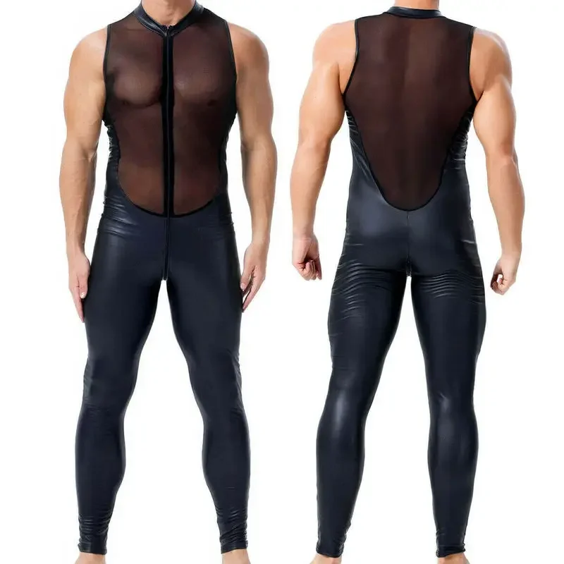 Sexy Mens PU Leather Jumpsuit Male Sleeveless One-piece Faux Leather Bodysuit Stage Men\'s Leotard Wrestling Singlet Men Clubwear