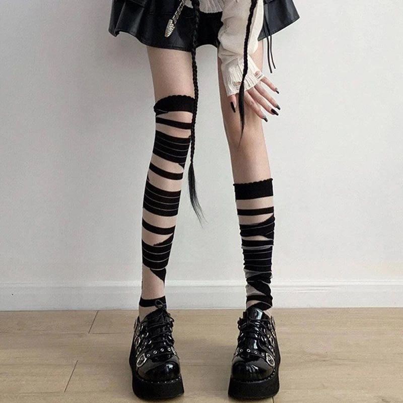 Ultrathin Women Spicy Girl Bandage Stripe Long Stockings Female Japanese Lolita Jk Y2k Sexy Summer Cross Tube Stockings