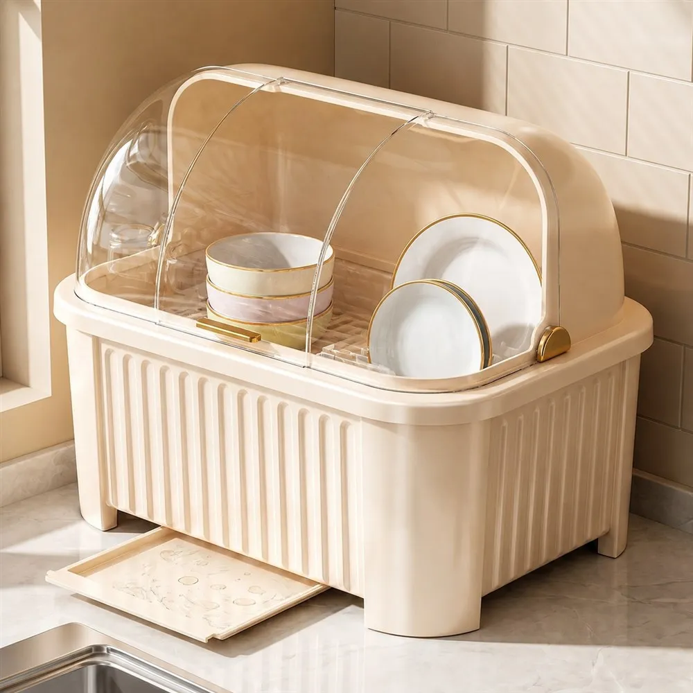 Dish Drying Rack Polypropylene Covered Tableware Organizer, Kitchen Countertop Bowl Plate Storage, Removable Drainer Basket Tray