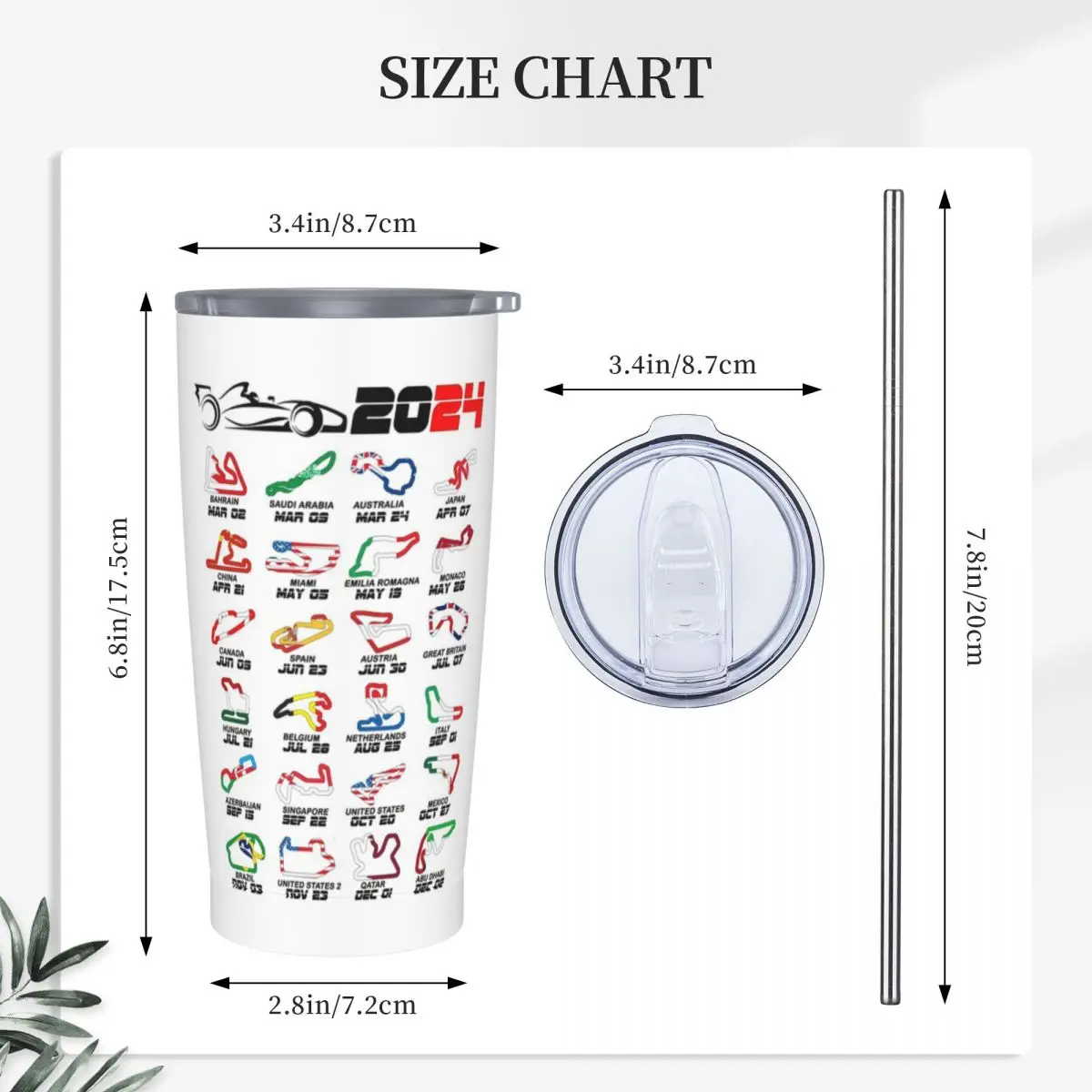 Calendar F1 Race Cars Circuits Stainless Steel Tumbler Vacuum Insulated Mug Thermal Cold Bottle Straws With Lid 20oz