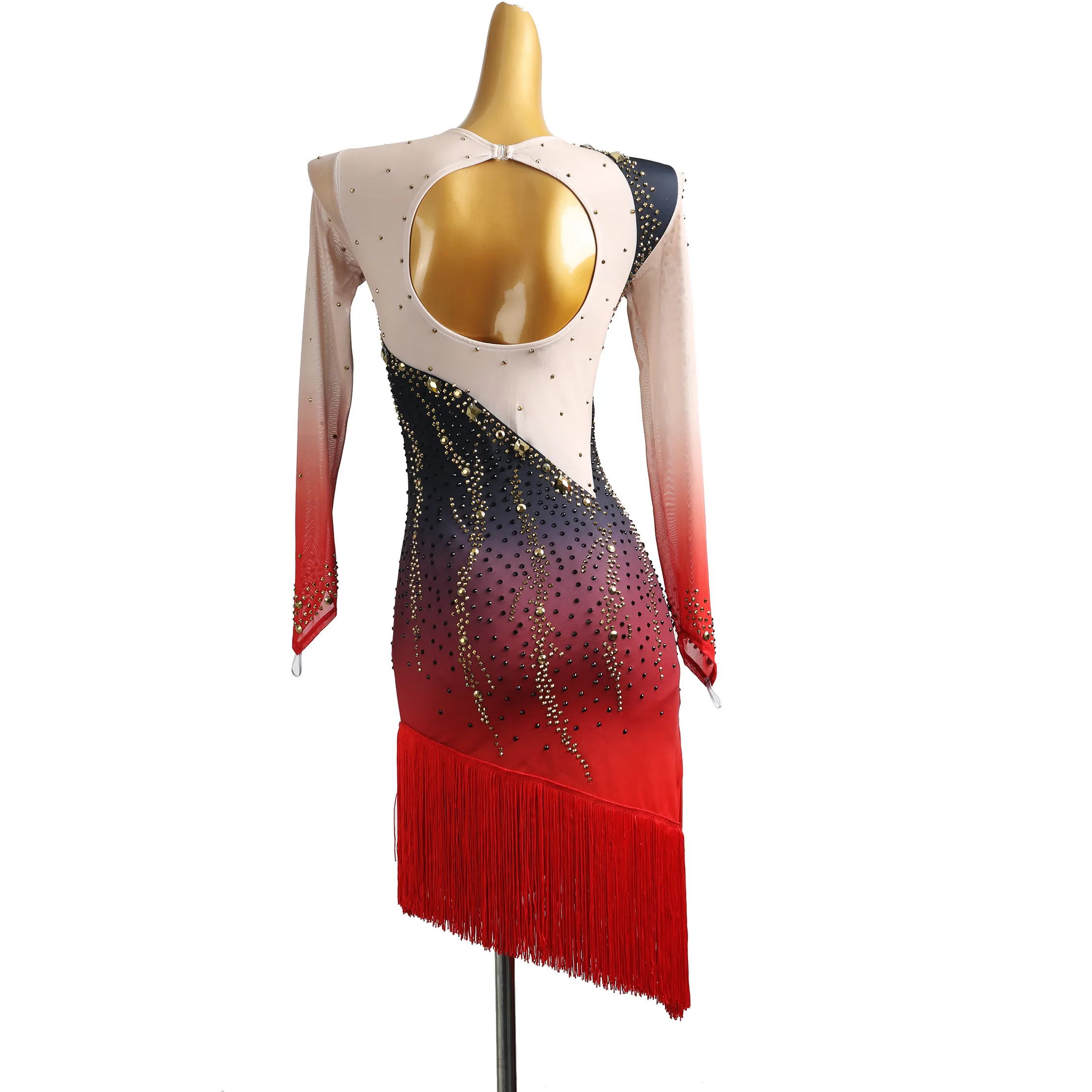 Latin Dance Adult Children AB Diamond High-End Custom Tango Female Professional Black And Red Gradient Tassel Wrapped Hip Dress