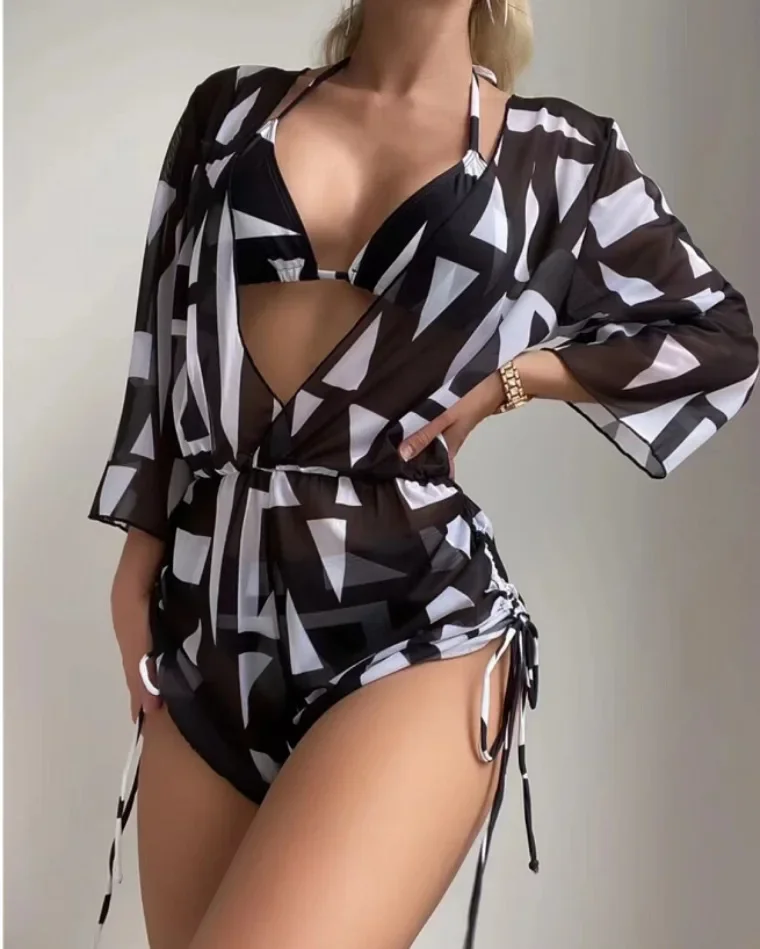 New 11 Colors Women Bikini 3 Piece Set Halter Top Mid Waisted Bottom + Long Sleeved Drawstring Cover Up 2025 Sexy Slim Beachwear