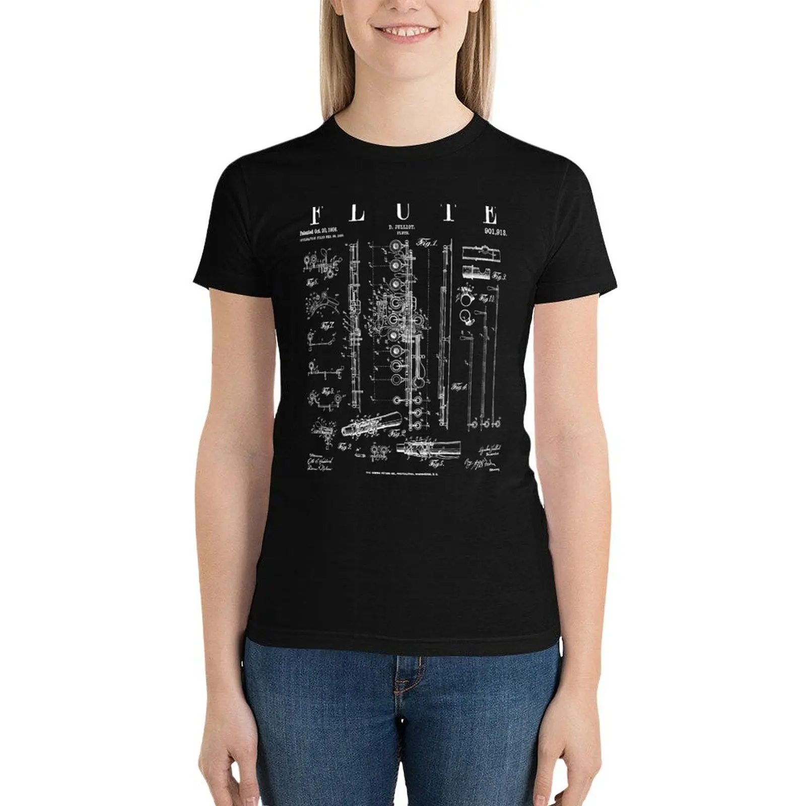 Flöte Vintage Patent Flötist Flötist Zeichnung drucken T-Shirt Sommer Tops weibliche Kleidung Grafik T-Shirts für Frauen