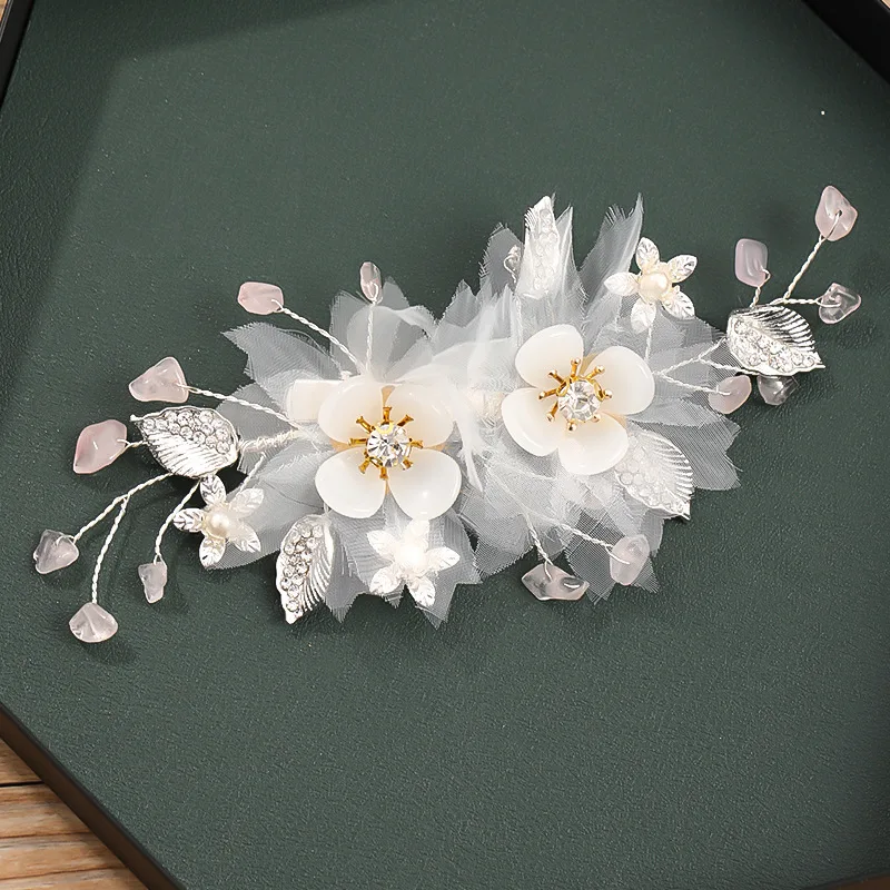 

White Silk Flower Hairpins Side Clips Silver Color Alloy Leaf Designs Floral Headpieces Women Girls Bridesmaids Hair Jewelry