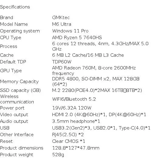 GMKtec M6 Ultra AMD R5 7640HS Mini PC 6-core 12-thread Gaming Computer PC 32GB DDR5 1TB SSD Portable Computer Mini Desktop PC