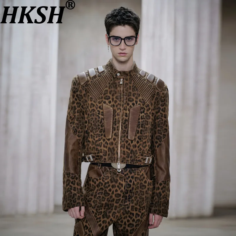 

HKSH Spring Autumn New Men Original Design Leopard Print Moto-Biker Jacket Trend Fashion PU Leather Patchwork Punk Pants HK16539