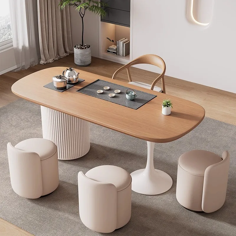 Balcony small tea table integrated cream wind solid wood tea table and chair combination household tea table log