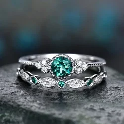2Pcs/Set Luxury Green Blue Stone Crystal Rings For Women Sliver Color Wedding Engagement Rings Jewelry