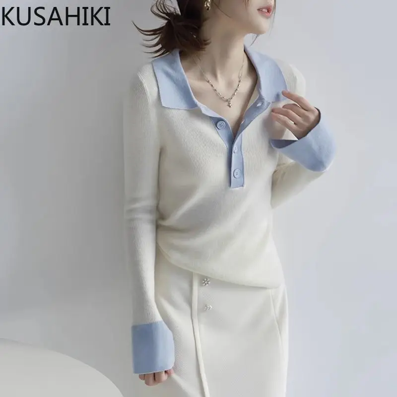 KUSAHIpastel-Pull à Col Rabattu et Manches sulfpour Femme, Vêtement à Fond en Y, Nouvelle Collection Automne 2023