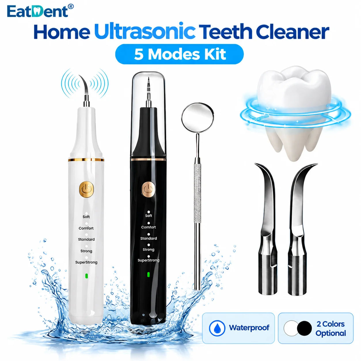 Dental Calculus Remover Rechargeable Teeth Cleaning Kit 2 Replaceable Head Plaque Flosser 5 Clean Modes Ultrasonic Tooth Cleaner
