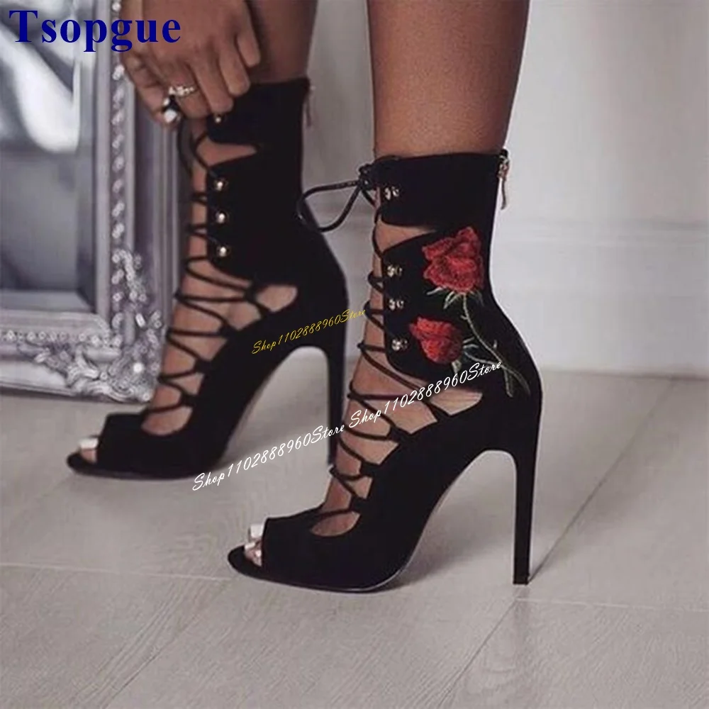 Mid Calf Cross Tied Black Flock Rose Decor Sandal Boots Thin High Heel Women Shoes Back Zipper Peep Toe 2024 Zapatos Para Mujere