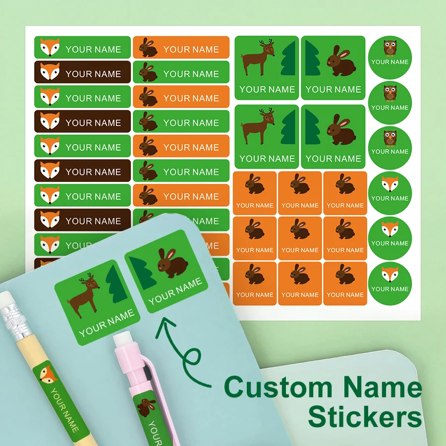 

Индивидуальные Именные Наклейки с Животными для Детей, Водостойкие Школьные Этикетки - Многоразмерные и Многоязычные для Ланч-боксов, Карандашей, Бутылок, Маркировка Вещей