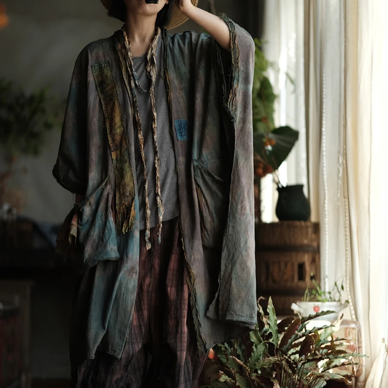 Oversized Women Casual Trench Coats New 2025 Summer Vintage Style Floral Print Loose Female Bat Sleeved Long Cardigans M1195