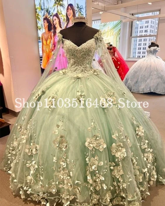 Princess Tender Green Prom Quinceanera Dresses 2024 Sweetheart Sheath Glitter 3D Floral Applique Lace Trim 15 Prom Dresses