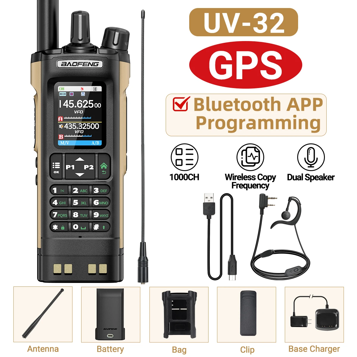 BAOFENG UV-32 Walkie Talkie GPS Multi Band 10W Bluetooth Draadloze Programmering Kopieerfrequentie 1000CH Lange afstand Ham Tweerichtingsradio