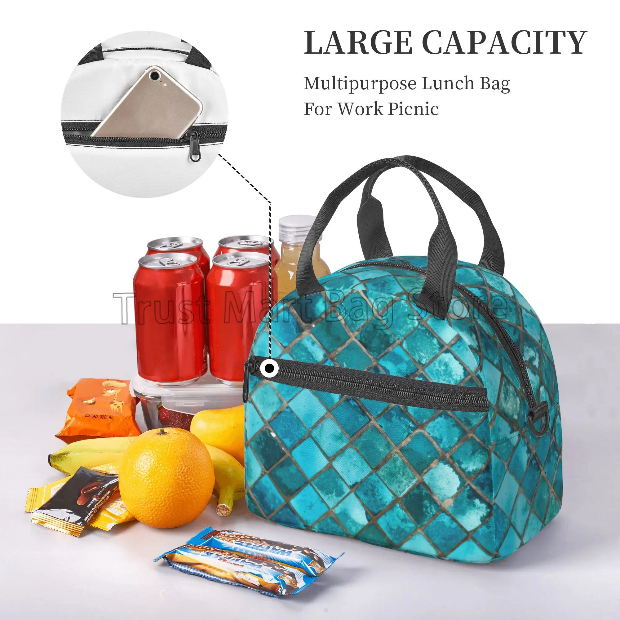 Abstract Turquoise Blue Teal Insulated Lunch Box Reusable Portable Thermal Cooler Bento Tote Bags with Adjustable Shoulder Strap