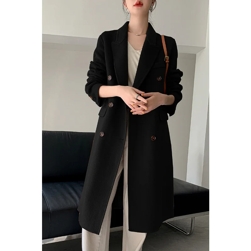 Winter Women's Long Wool Coat Is Loose Over Knee Double-breasted Minimalist Elegant Double-sided Coat In Rich Colors 2023