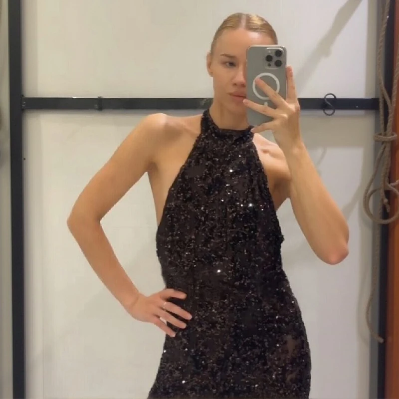 Glitter brilhante grânulo pendurado pescoço vestido sexy ver através sem mangas sem costas 2025 novos vestidos de noite femininos festa clube robes