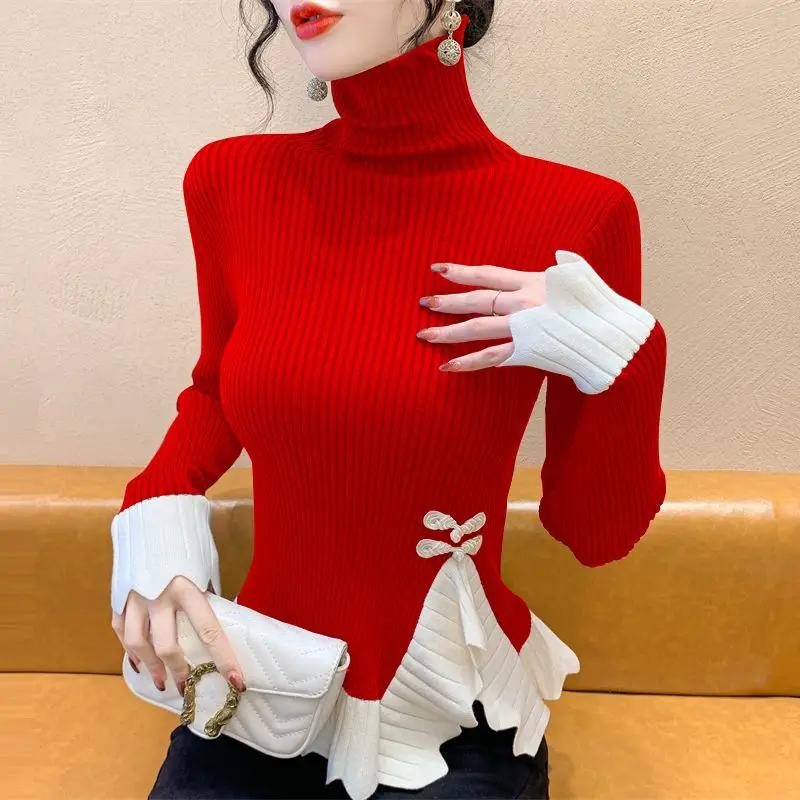 Women's Clothing Pullover Long Sleeve Sweater Knitted High-neck Contrast Color Autumn Winter Patchwork Korean Fashion Tops