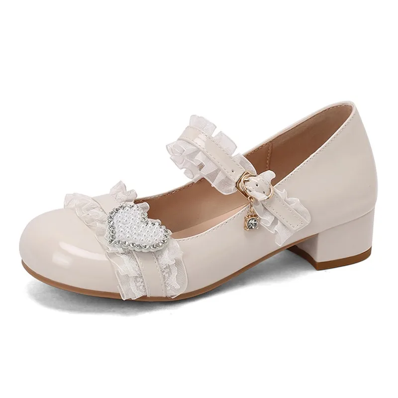 Sweet Lolita Cosplay Mary Jane Shoes Ladies Patent Leather Mid Heel Pearl Bow One Strap Plus Size Princess Party Dress Pumps