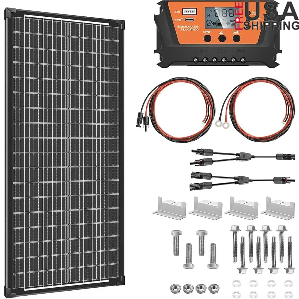 

100W Solar Panel Kit Monocrystalline Waterproof 10A Charge Controller High Efficiency RV Boat Truck Garden Outdoor