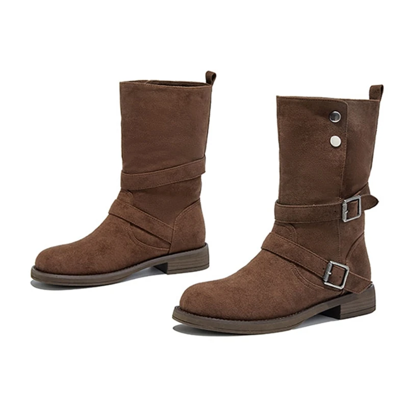 AIYUQI2025 Stivali da cowboy occidentali delle nuove donne Stivali da moto da donna con fibbia antiscivolo Stivali femminili di taglio medio autunno/inverno di grandi dimensioni