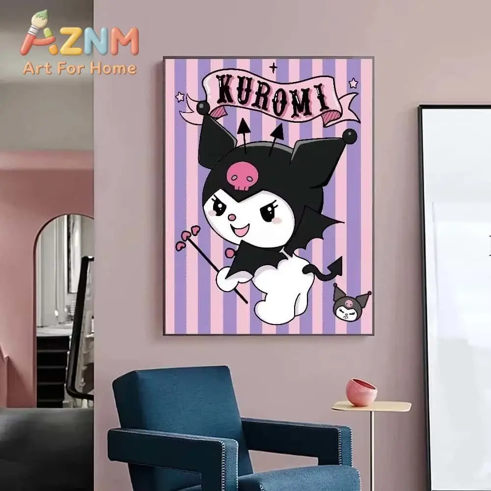 AZNM Kuromi Cute Cartoon Canvas Wall Art Frameless Poster Kawaii Purple Pink Anime Character Print Girls Bedroom Decor