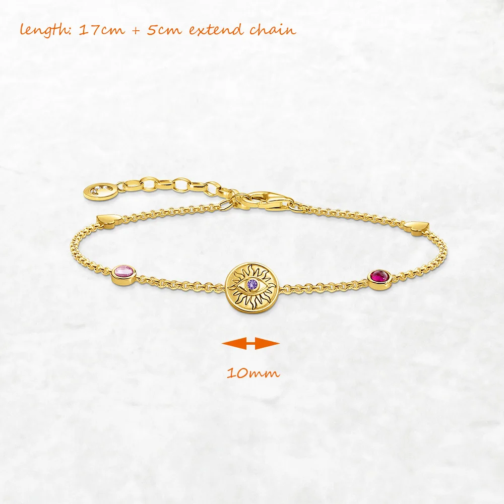 Yellow-Gold Plated Bracelet Sun Coin Brand New Link Chain 925 Sterling Silver Vintage Jewelry Summer Gift For Women