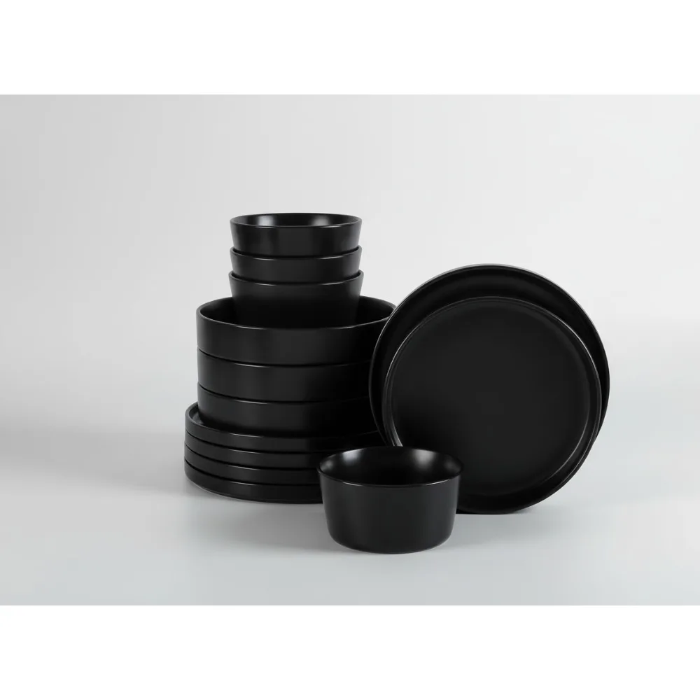 

Современный набор столовой посуды из черного камня, 12 предметов с мисками для повседневного питания, идеально подходит для минимализма и деревенских кухонь