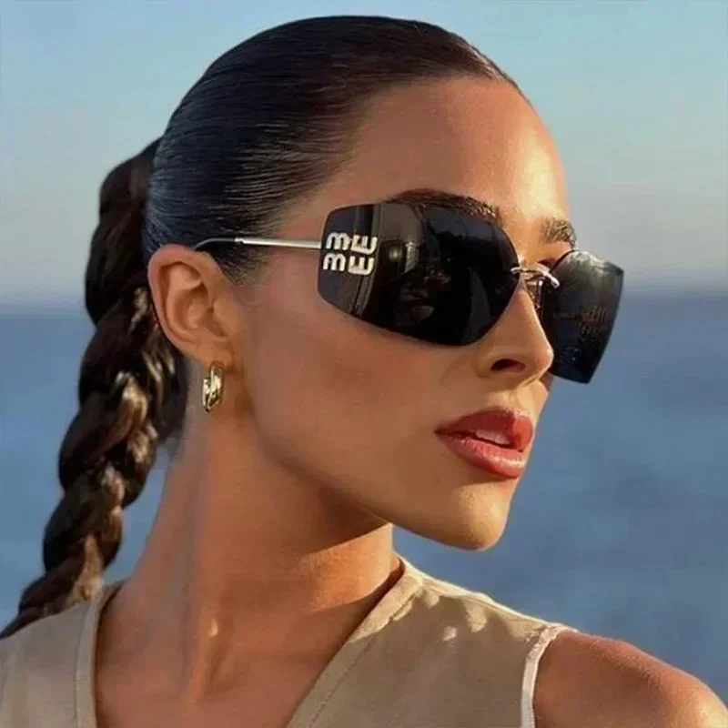 

New Zhang Yuanying Same Miu Miao Miao Sunglasses Women's High-end Y2k Curved Integrated Sunglasses Frameless Trimmed Sunglasses