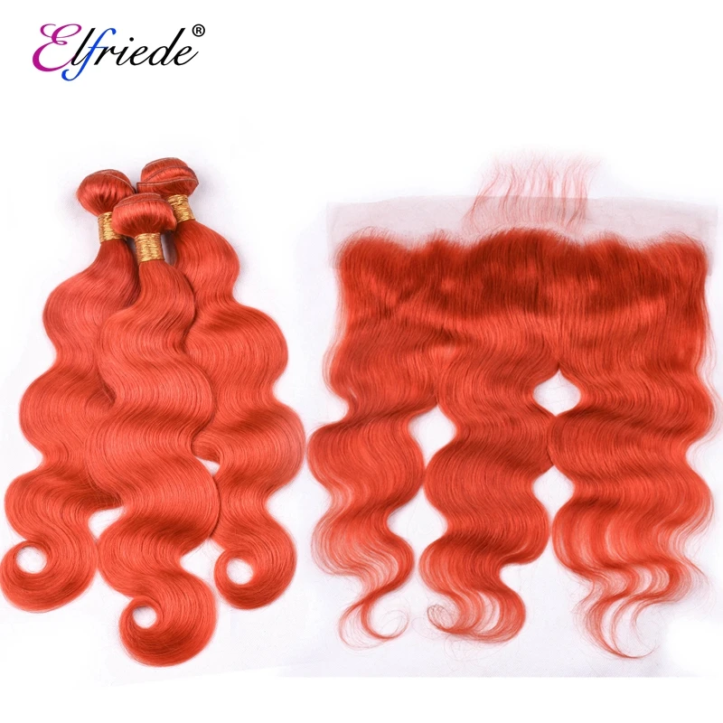 

Elfriede #Red Body Wave Precolored Hair Bundles with Frontal 100% Remy Human Hair Sew-in Wefts 3 Bundles with Lace Frontal 13x4